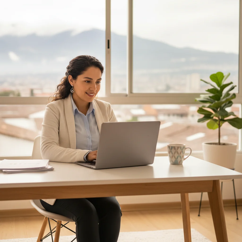 Profesional independiente ecuatoriana trabajando desde su oficina